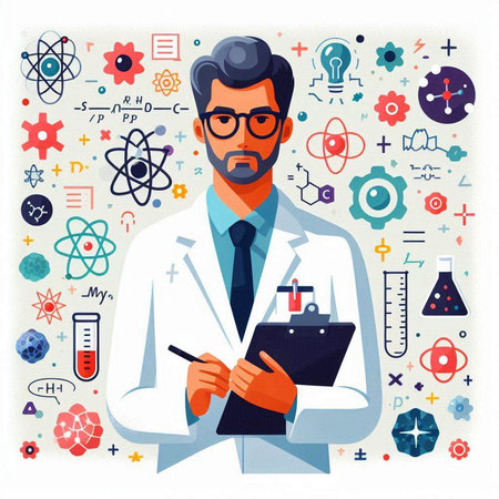 Scientist in laboratory. Vector illustration in flat design style. Man in a white coat and glasses.のイラスト素材