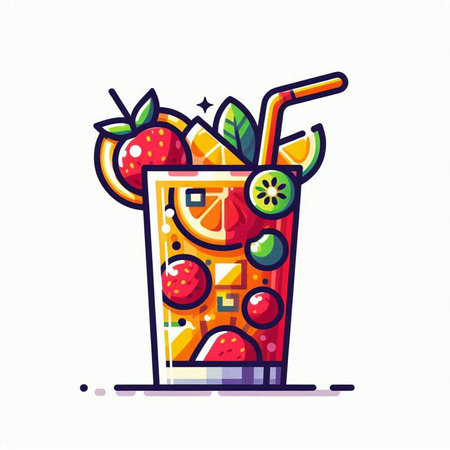 Fruit cocktail with orange, strawberry, lime, lemon and ice. Vector illustration.のイラスト素材