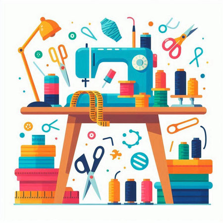 Sewing equipment. Sewing machine, scissors, threads, pins, pins, needles, tape measure and other tools. Flat vector illustrationのイラスト素材