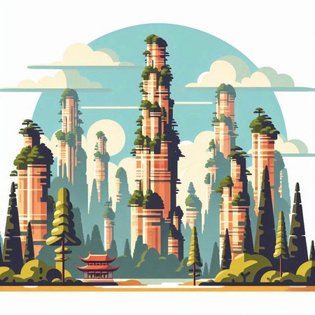 Landscape of the city with pagodas. Vector illustration.のイラスト素材
