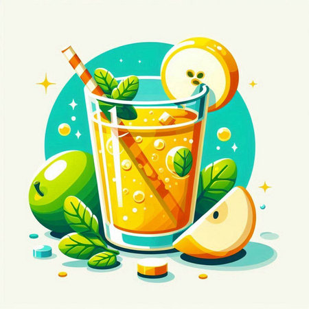 Cocktail with apple and mint. Vector illustration in flat styleのイラスト素材