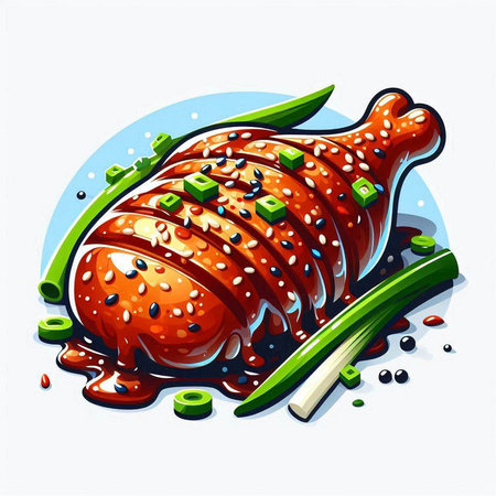 Illustration of a grilled chicken leg with green onions and soy sauceのイラスト素材
