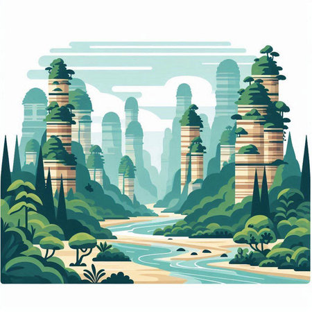 Landscape with trees and river. Vector illustration in flat style.のイラスト素材
