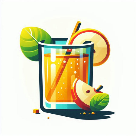 Vector illustration of a glass of apple juice with slices of apple and green leaves.のイラスト素材