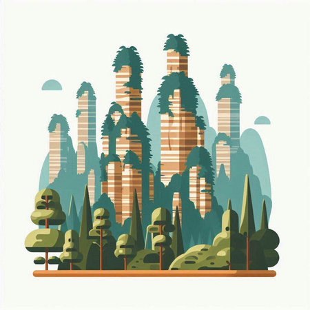 City landscape with skyscrapers and trees. Vector illustration in flat styleのイラスト素材