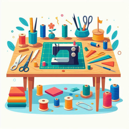 Sewing workshop. Sewing machine, scissors, threads, pins, buttons and other tools. Vector illustrationのイラスト素材