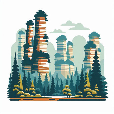 Pine forest and high mountains in the fog. Vector illustration.のイラスト素材
