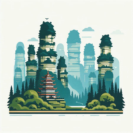 Pagoda and pagoda in the mountains. Vector illustration.のイラスト素材