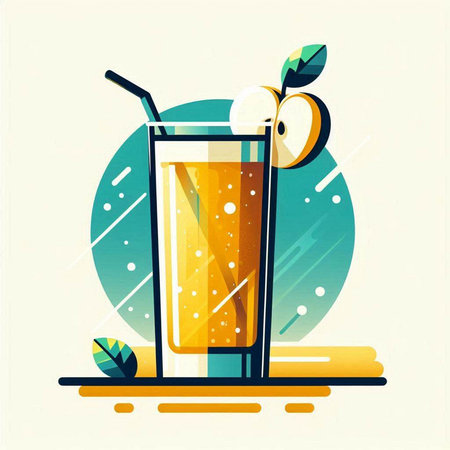 Vector illustration of a glass of orange juice with a straw and a slice of apple.のイラスト素材