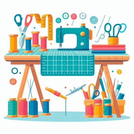 Sewing workshop. Sewing machine, scissors, thread, pins, needles, pins, scissors. Vector illustrationのイラスト素材
