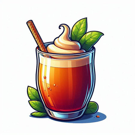 Iced coffee with whipped cream and cinnamon in a glass. Vector illustration.のイラスト素材