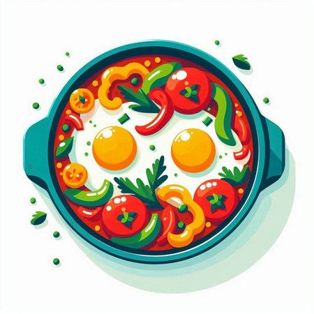Fried eggs in a frying pan with chili pepper and parsley. Vector illustration.のイラスト素材