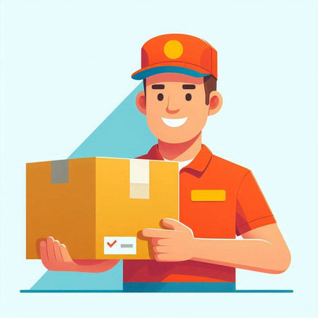 Delivery man holding parcel box. Cartoon vector illustration. Delivery service concept.のイラスト素材