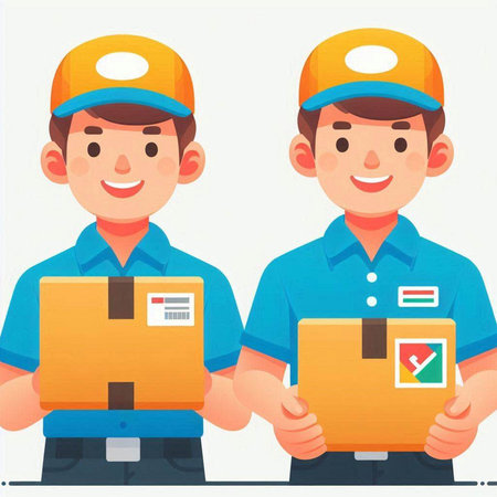 Two delivery men in uniform holding boxes. Vector flat design illustration.のイラスト素材