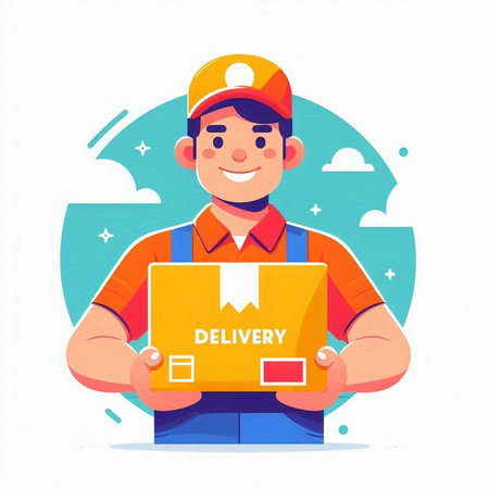 Delivery man in uniform holding parcel box. Flat style vector illustration.のイラスト素材