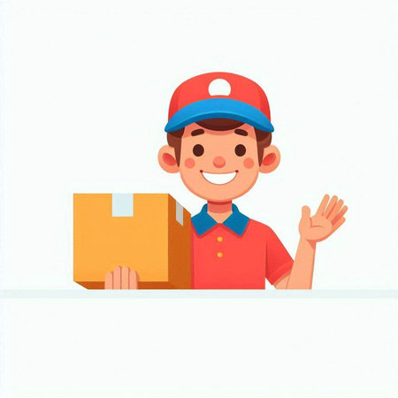 Courier in uniform holding box and waving hand. Delivery service concept.のイラスト素材