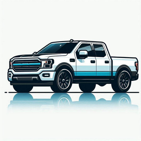 Vector illustration of a modern pickup truck on a white background with reflection