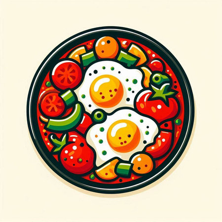 Fried eggs in a plate with tomatoes and cucumbers. Vector illustration.のイラスト素材