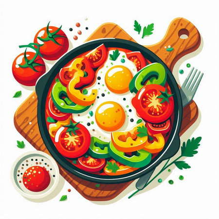 Fried eggs with tomatoes and cucumbers in a frying pan. Vector illustration.のイラスト素材