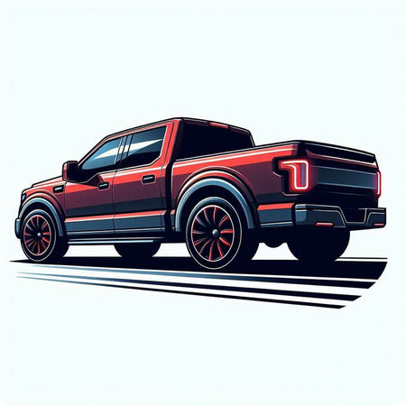 Vector illustration of a red pickup truck on the road. Side view.