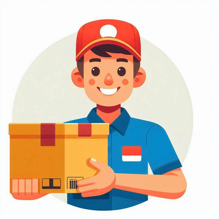 Delivery man in uniform holding cardboard box. Vector illustration in cartoon styleのイラスト素材