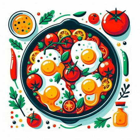 Breakfast with fried eggs and tomatoes. Vector illustration in flat styleのイラスト素材