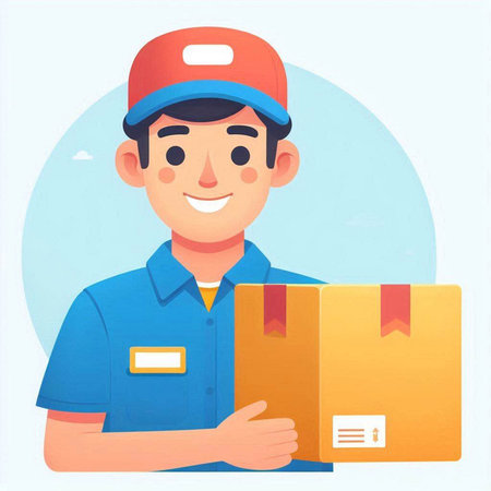 Smiling delivery man in uniform holding parcel box. Vector illustration.