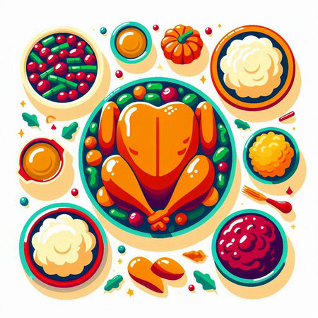 Thanksgiving dinner set. Colorful vector illustration in cartoon style.のイラスト素材