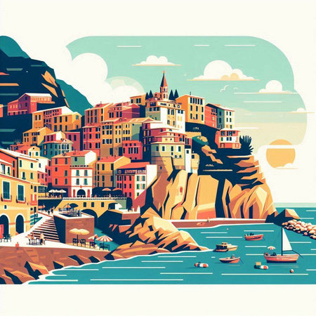 Riomaggiore, one of the five famous villages of Cinque Terre, Italy.のイラスト素材