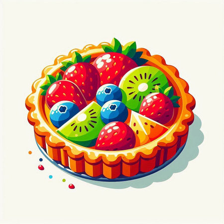 Illustration of a fruit pie with strawberries, blueberries and kiwi