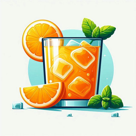 Cocktail with orange, ice and mint. Vector illustration.のイラスト素材