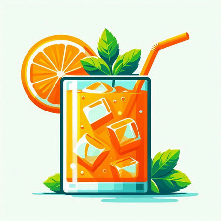 Cocktail with orange, ice cubes and mint leaves. Vector illustrationのイラスト素材