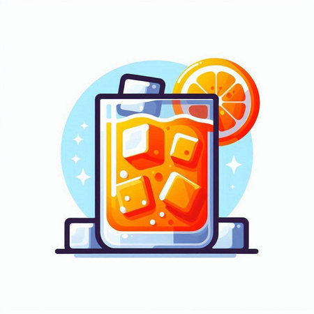 Orange juice cocktail with ice cubes and orange slice. Vector illustration.のイラスト素材