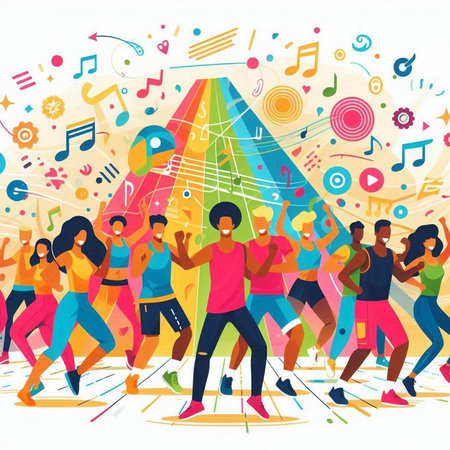 Happy young people dancing at music festival. Flat style vector illustration.のイラスト素材