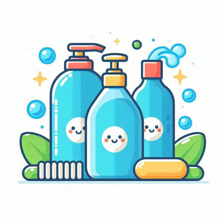 Cute cartoon bottles with soap, shampoo, shower gel, liquid soap. Vector illustrationのイラスト素材