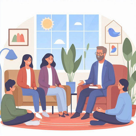 Psychotherapist session with group of patients. Vector illustration in cartoon styleのイラスト素材