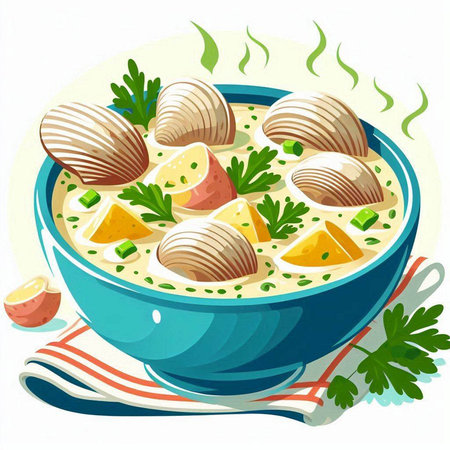 Illustration of a bowl of clam soup garnished with parsleyのイラスト素材