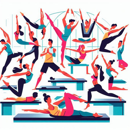 Vector illustration of a group of people practicing yoga in the gym.のイラスト素材