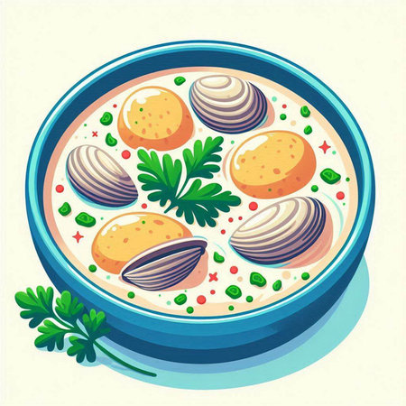 Illustration of a bowl of soup with clams and parsleyのイラスト素材