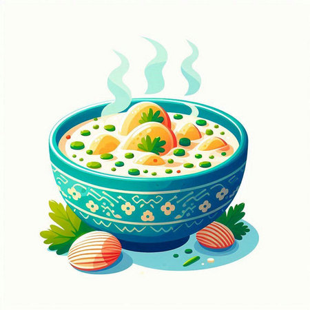 Illustration of a bowl of chicken soup with eggs and parsleyのイラスト素材