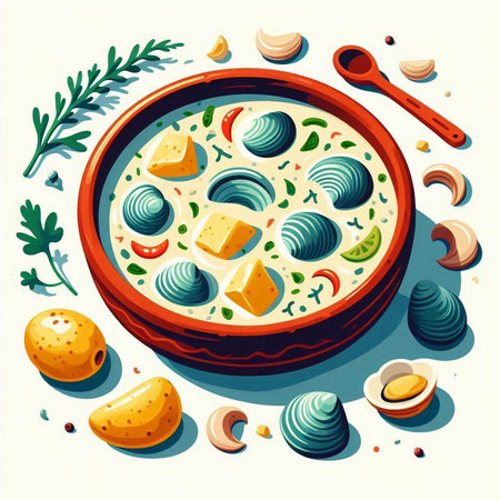 Illustration of a bowl of soup with pasta, vegetables and cheese