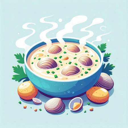 Illustration of a bowl of soup with dumplings and eggsのイラスト素材