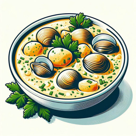 Illustration of a bowl of dumplings with parsley.