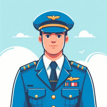 Pilot in blue uniform. Vector illustration in flat cartoon style.