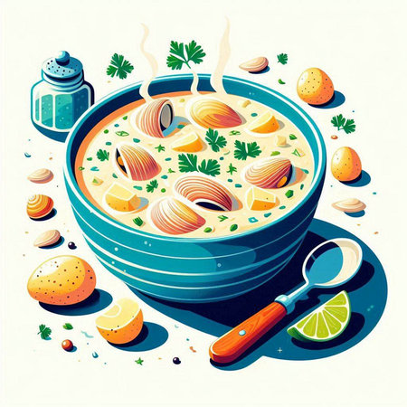 Vector illustration of a bowl of chicken soup with eggs and parsleyのイラスト素材