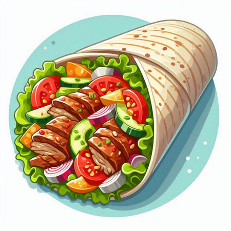 Illustration of a tortilla wrap with meat and vegetables on a white backgroundのイラスト素材