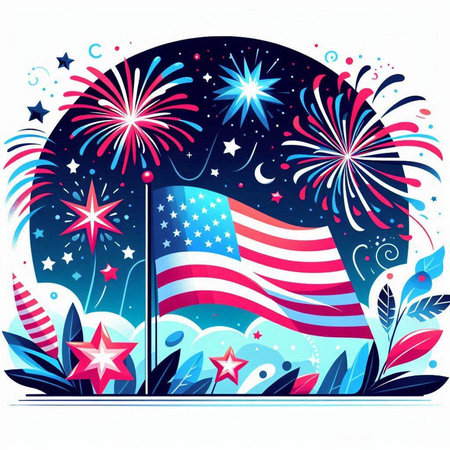 American flag and fireworks on the background of the night sky. Vector illustration.のイラスト素材