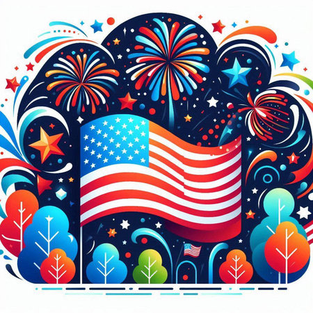American flag with fireworks and trees in the background. Vector illustration.のイラスト素材