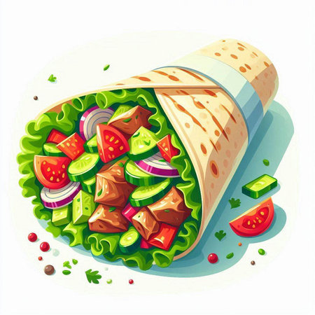 Vector illustration of a tortilla wrap with lettuce, tomato, onion and cucumber.のイラスト素材