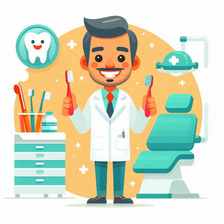 Dentist with toothbrush and toothpaste. Vector illustration in cartoon styleのイラスト素材